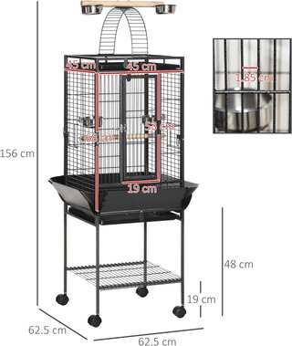 Jaula para Periquitos con 2 Posaderos de Madera y Escalera Arqueada, Jaula para Aves de Acero con Múltiples Entradas, 62.5X62.5X156 Cm, Gris