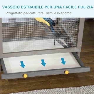 Jaula para Aves de Madera de Abeto y Red Metálica, Voladera para Aves de Exterior con 2 Puertas, Techo de Asfalto y Bandeja Extraíble, 68X63X165 Cm, Gris Claro