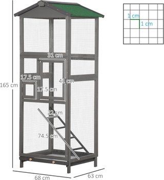 Jaula para Aves de Madera de Abeto y Red Metálica, Voladera para Aves de Exterior con 2 Puertas, Techo de Asfalto y Bandeja Extraíble, 68X63X165 Cm, Gris Claro