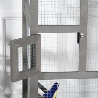 Jaula para Aves de Madera de Abeto y Red Metálica, Voladera para Aves de Exterior con 2 Puertas, Techo de Asfalto y Bandeja Extraíble, 68X63X165 Cm, Gris Claro