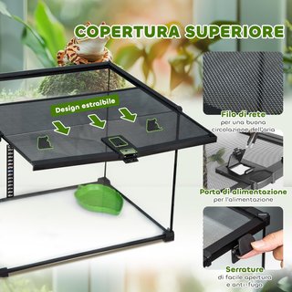 Terrario para Reptiles Elevado con Cerradura y Puerta de Alimentación, Terrario para Tortugas y Serpientes en Vidrio Templado y Malla Metálica, 50X30X35 Cm, Negro