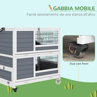 Conejera Interior de 2 Niveles de Madera, Casa para Conejos y Cobayas con Bandejas Extraíbles, Ruedas y Rampas, Gris