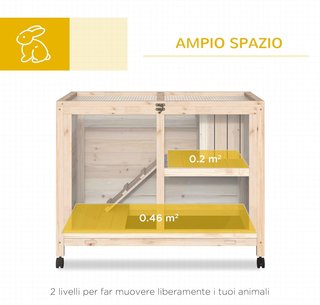 Conejera de Madera de 2 Niveles con Casita para Conejos y Cobayas, Jaula para Conejos con Rampa y Bandeja Extraíble, 91.5X53.3X73Cm, Color Madera