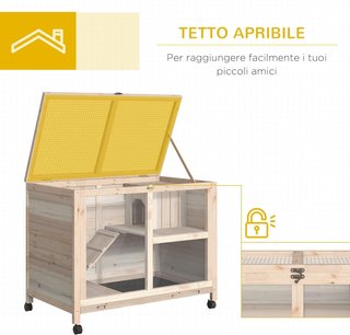 Conejera de Madera de 2 Niveles con Casita para Conejos y Cobayas, Jaula para Conejos con Rampa y Bandeja Extraíble, 91.5X53.3X73Cm, Color Madera