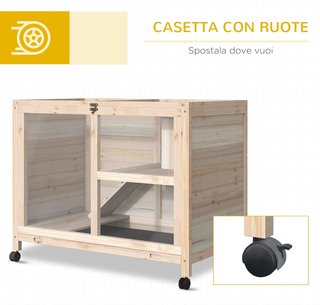 Conejera de Madera de 2 Niveles con Casita para Conejos y Cobayas, Jaula para Conejos con Rampa y Bandeja Extraíble, 91.5X53.3X73Cm, Color Madera
