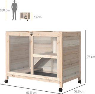 Conejera de Madera de 2 Niveles con Casita para Conejos y Cobayas, Jaula para Conejos con Rampa y Bandeja Extraíble, 91.5X53.3X73Cm, Color Madera