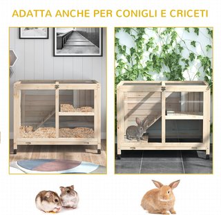 Conejera de Madera de 2 Niveles con Casita para Conejos y Cobayas, Jaula para Conejos con Rampa y Bandeja Extraíble, 91.5X53.3X73Cm, Color Madera