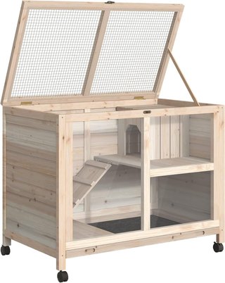 Conejera de Madera de 2 Niveles con Casita para Conejos y Cobayas, Jaula para Conejos con Rampa y Bandeja Extraíble, 91.5X53.3X73Cm, Color Madera