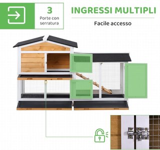 Jaula para Conejos de Exterior con Puertas Múltiples, Conejera de Madera de Abeto con Rampa, Casa para Conejos y Espacio Abierto Cercado, Amarillo y Negro