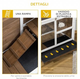 Conejera de Madera de 2 Niveles con Casita para Conejos y Cobayas, Jaula para Conejos con Rampa y Bandeja Extraíble, 91.5X53.3X73Cm, Marrón