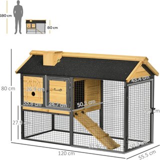 Casa de Conejos Exterior de 2 Niveles en Madera de Abeto y Acero con Bandeja Extraíble, 120x55.5x80 cm