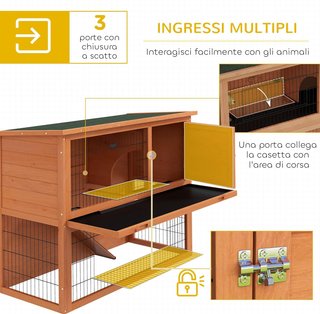 Conejera de 2 Niveles de Madera de Abeto con Área Cercada, Jaula para Conejos con Bandeja Extraíble para 1-2 Conejos, 120X50X92Cm, Naranja