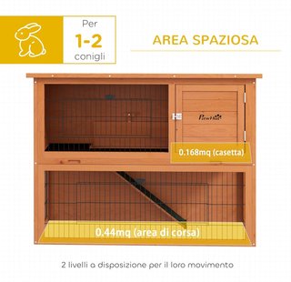 Conejera de 2 Niveles de Madera de Abeto con Área Cercada, Jaula para Conejos con Bandeja Extraíble para 1-2 Conejos, 120X50X92Cm, Naranja