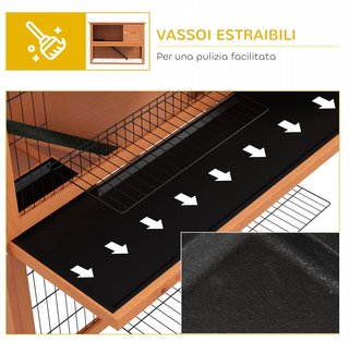 Conejera de 2 Niveles de Madera de Abeto con Área Cercada, Jaula para Conejos con Bandeja Extraíble para 1-2 Conejos, 120X50X92Cm, Naranja