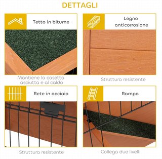Conejera de 2 Niveles de Madera de Abeto con Área Cercada, Jaula para Conejos con Bandeja Extraíble para 1-2 Conejos, 120X50X92Cm, Naranja