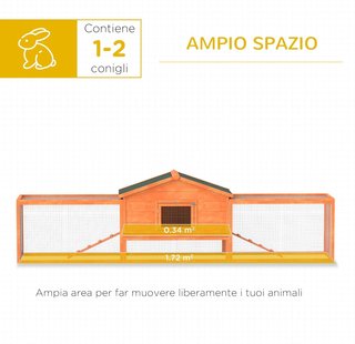 Conejera Exterior Con Casita Y 2 Recintos, Jaula para Conejos Y Pequeños Animales Con Rampas, 309X69.5X87Cm, Naranja