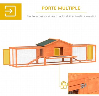 Conejera Exterior Con Casita Y 2 Recintos, Jaula para Conejos Y Pequeños Animales Con Rampas, 309X69.5X87Cm, Naranja