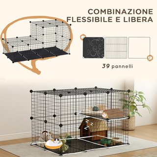 Jaula Modular y Multinivel para Conejos y Cobayas, Recinto para Pequeños Roedores con 3 Puertas y Alambres de Acero, Negro