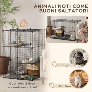 Jaula Modular y Multinivel para Conejos y Cobayas, Recinto para Pequeños Roedores con 3 Puertas y Alambres de Acero, Negro