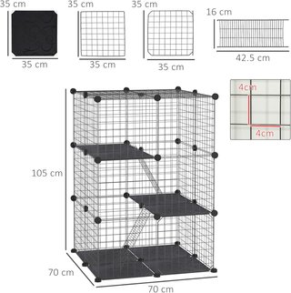 Jaula Modular y Multinivel para Conejos y Cobayas, Recinto para Pequeños Roedores con 3 Puertas y Alambres de Acero, Negro
