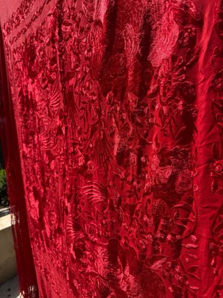 Manton de Manila Antiguo Bordado Floral Rojo