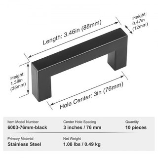 10 Pack Tiradores de Gabinete, 3in / 76mm Centro a Centro Tiradores Cuadrados Slim para Cajones de Cocina, Manijas Modernas de Acero Inoxidable para Puertas de Armario de Cocina y Baño en Negro Mate