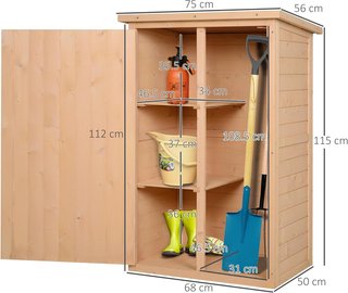 Caseta de Jardín de Madera con Techo Impermeable, Armario para Herramientas de Exterior con 2 Estantes, 75X56X115Cm, Color Madera
