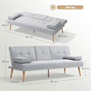 Sofá Cama de 3 Plazas Reclinable con 2 Brazos Desmontables, Sofá de 3 Plazas Acolchado Transformable en Tela y Madera con Portavasos para Sala de Estar y Salón, 181X77X78 Cm, Beige