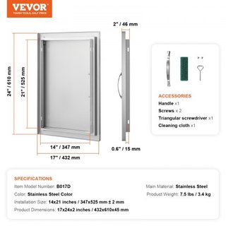 Puerta de Acceso para BBQ, Puerta de Cocina Exterior Individual de 432x610 mm, Puerta de Montaje Flush de Acero Inoxidable, Puerta Vertical de Pared con Mango, para Isla de BBQ, Estación de Parril...