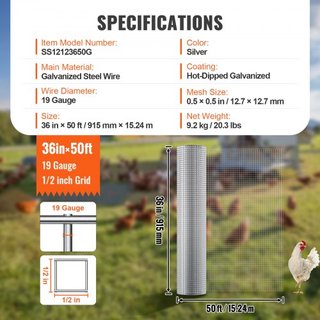 Malla de Hardware, 1/2 pulgada 36in x 50 pies 19 Gauge, Malla de Alambre Galvanizado por Inmersión en Caliente, Cercado de Alambre para Pollos, Malla de Alambre para Jaulas de Conejos, Jardín, Peq...