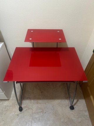Escritorio Cristal Templado Rojo con Ruedas