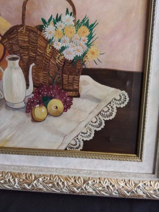 Bodegón al óleo con cesta y flores