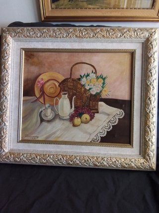 Bodegón al óleo con cesta y flores
