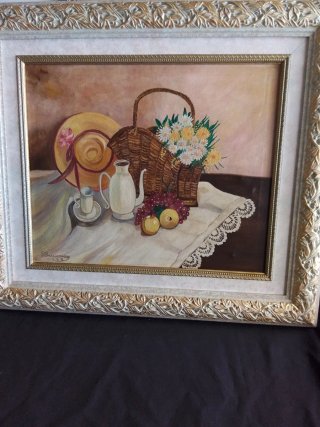 Bodegón al óleo con cesta y flores