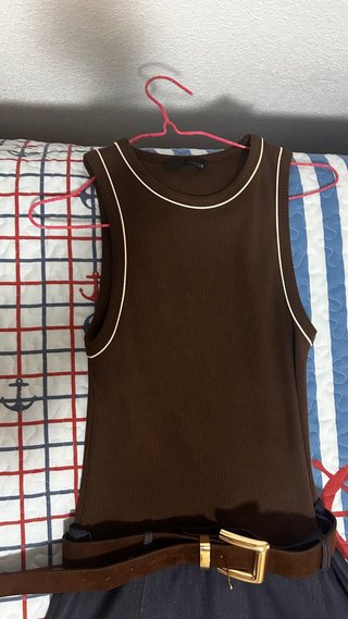 Vestido Midi Marrón y Azul con Cinturón