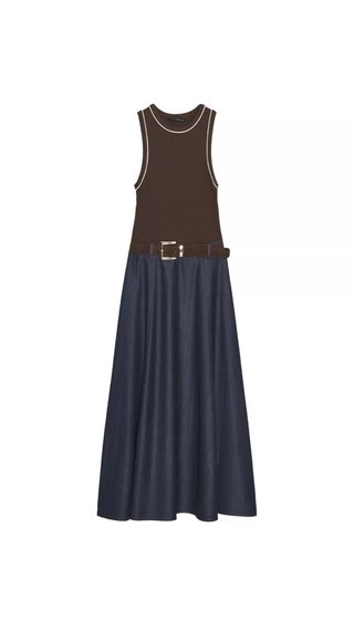 Vestido Midi Marrón y Azul con Cinturón
