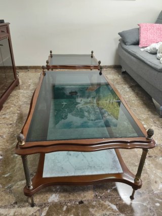 Pareja mesas auxiliares cristal y madera
