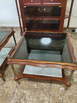 Pareja mesas auxiliares cristal y madera
