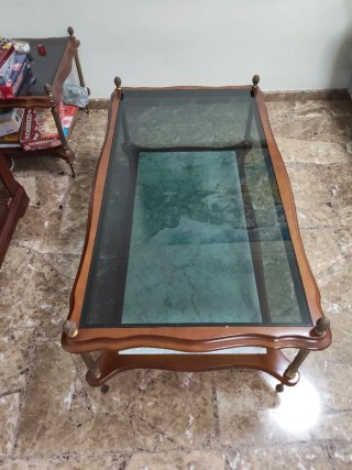 Pareja mesas auxiliares cristal y madera