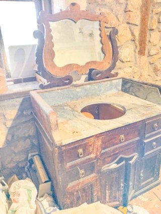 Mueble baño antiguo madera espejo mármol