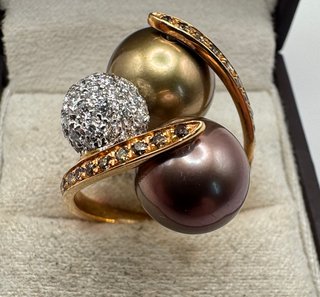 Anillo Oro Rosa 18kt Perlas Tahití Diamantes