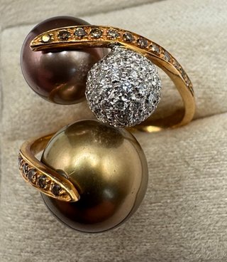 Anillo Oro Rosa 18kt Perlas Tahití Diamantes