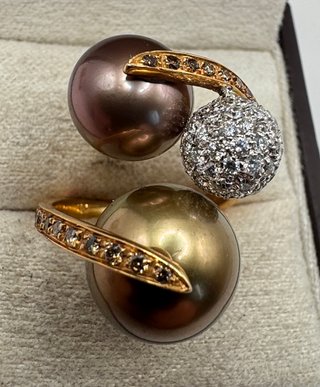 Anillo Oro Rosa 18kt Perlas Tahití Diamantes