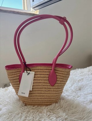 Mala de palha Mango rosa e bege