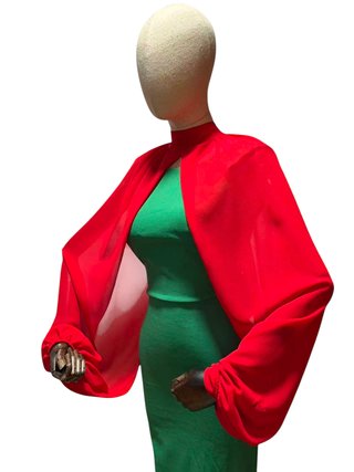 Blusa gasa choker roja y vestido verde