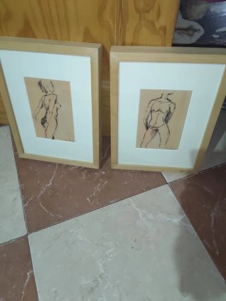 2 Cuadros Antiguos Dibujos Figuras Humanas