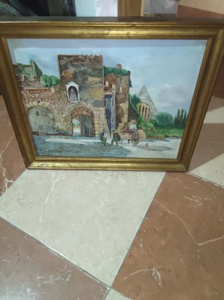 Cuadro antiguo paisaje con marco dorado firmado