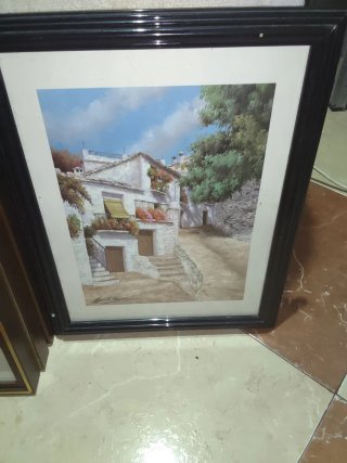 Cuadro antiguo paisaje pueblo blanco firmado