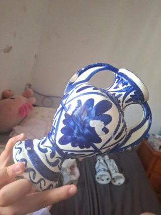 2 Jarrones Cerámica Estilo Talavera Azul/Blanco