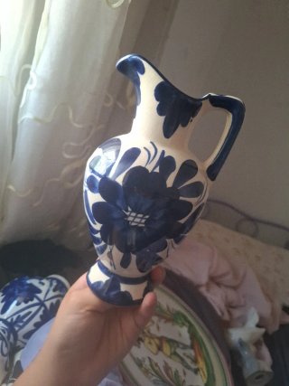 2 Jarrones Cerámica Estilo Talavera Azul/Blanco